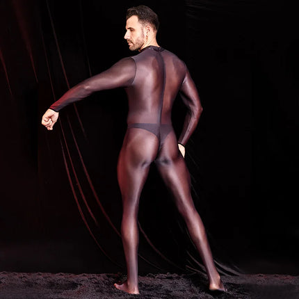Sexy Men's Bodysuit Oil Shiny Glossy Tights Long Sleeves High Elastic Jumpsuits Exotic Leotard Thin Sheer Catsuit Body Stockings
