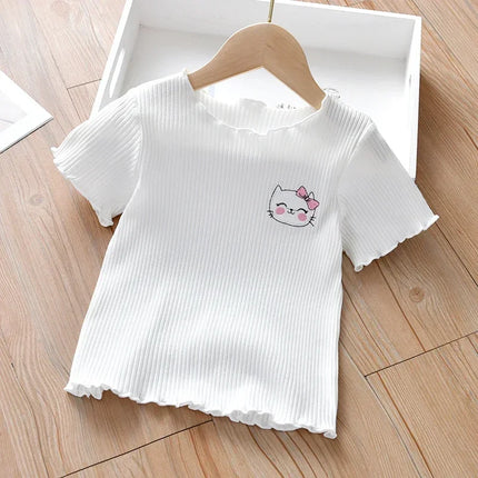 Girls' Embroidered Short Sleeve T-Shirt Ice Silk Summer Top with Ruffle Trim Stretchy Soft for Toddler Baby 1-6 Years
