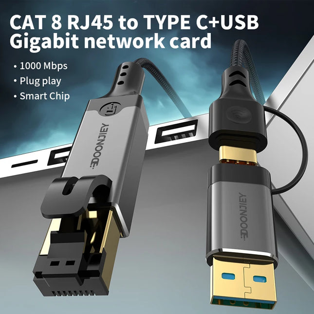 USB C to Ethernet Cable 1000Mbps 2-in-1 USB/Type-C to RJ45 Gigabit LAN High-Speed Network Converter for Laptop PC Mobile Phone