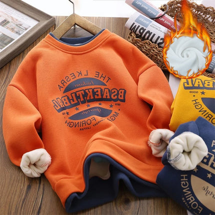 Boys Plus Velvet Sweatshirts Children Autumn Winter Thicken Hoodies Kids Padded Warm Tracksuit Teenager Casual Clthing 4-14Y