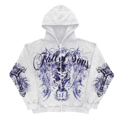 90s Tapout Gothic Zip Up Hoodies Skull Cross Wings Graphic Print Dark Streetwear Black Hooded Sweatshirts Unisex Autumn Tops