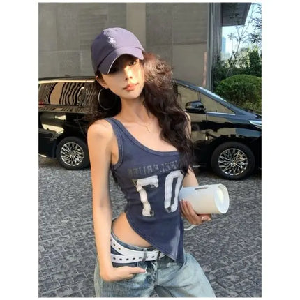 American High Street Hot Girl Slanted Collar Off-Shoulder Irregular Letter Print Camisole Vest Women's Retro Slit Top Y2K 2000s