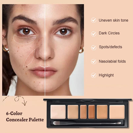 6-color concealer palette with brush,long-lasting concealer, waterproof full coverage concealers,Corrects Dark Circles,Red Marks