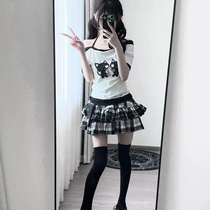Japanese Sweet Kawaii Cartoon Polka Dot Print T-shirt Women Loose Casual Contrast Color Cute Graphic Tees Y2k Aesthetic Tops New