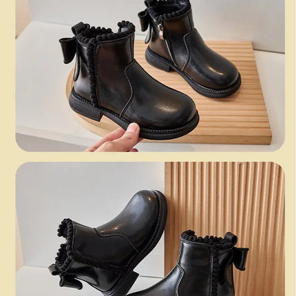 Girls Ankle Boots with Back Bow-knot Kids Short Boots Soft Sole 2025 New Girls' Princess Leather Boots with Warm Cotton Side Zip