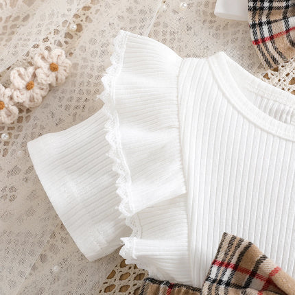 Baby Girl Summer Fashion Cute Casual Round Neck Ruffle Lace Decoration Short Sleeved Waist Large Bow Plaid Splicing Design