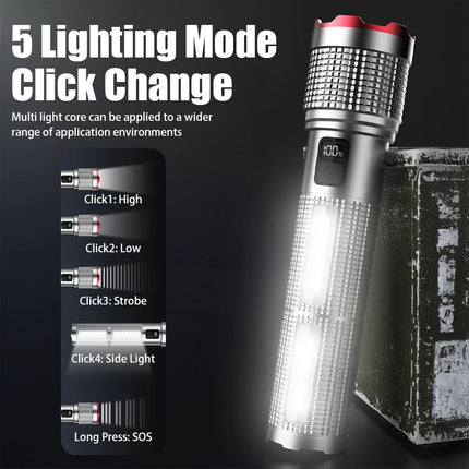 19000000LM Super Powerful Flashlight Built-in Battery High Power Torch Rechargeable LED Light Big Aperture Camping COB Lantern