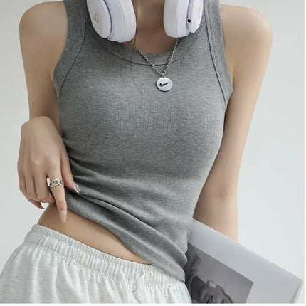 New Women Solid Round Neck Ribbed Tank Top Camisole Women Summer Basic Elastic TankTop One-piece Vest with Chest Pad Y2k