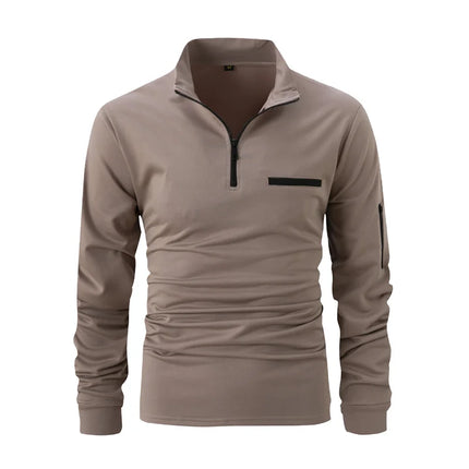 Men's stand-collar half-zip long-sleeve polo shirt, new autumn/winter style casual top with trendy and simple pocket detail