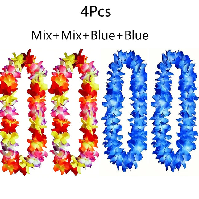 4/2Pcs Blue Hawaiian Leis Hawaiian Luau Party Decoration Colorful Tropical Hawaiian Silk Flower Leis Necklace Summer Beach Decor