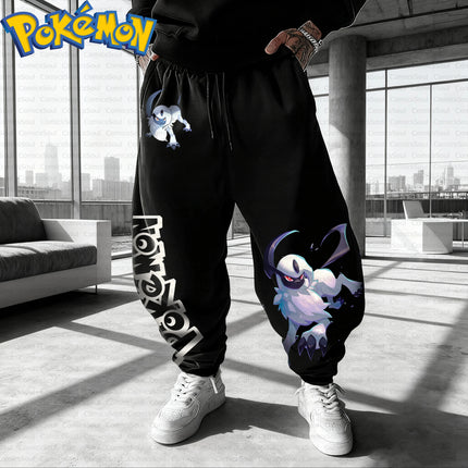 Black Pokemon Hoodie and Pants Set Cotton Anime Absol Character Print Purple Aura Back and Pokeball Chest Design Casual Outfit