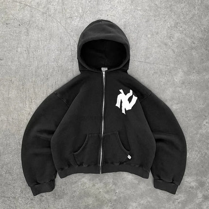 Y2K Harajuku Fashion Letter Pattern Printed Hooded Sweatshirt Hip Hood Casual Loose Men and Women Oversized Zipper Sweatshirt