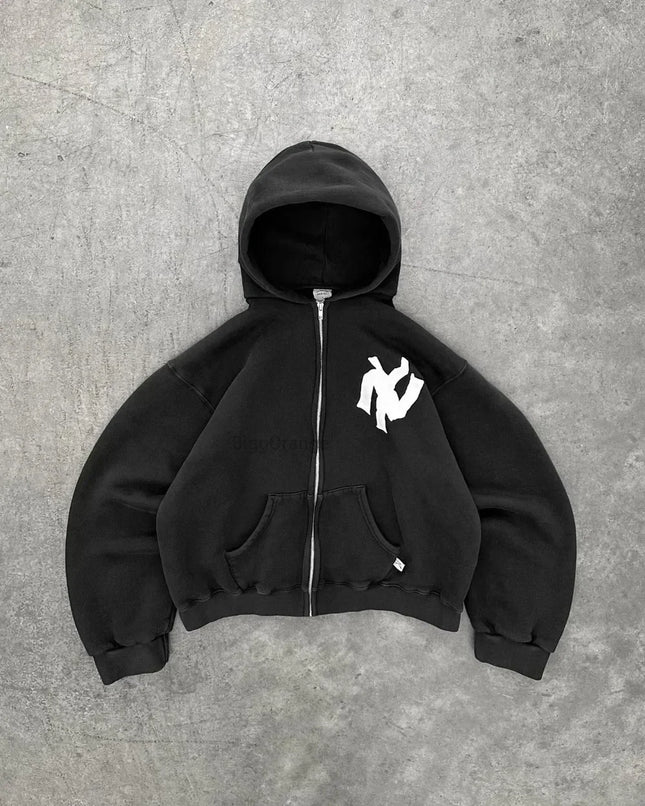Y2K Harajuku Fashion Letter Pattern Printed Hooded Sweatshirt Hip Hood Casual Loose Men and Women Oversized Zipper Sweatshirt