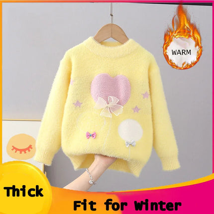 Chic New Autumn Winter Thick Pullover Sweaters Girls Knit Lace Butterfly-knot Sweaters Children Clothing Girls Sweater FY11292