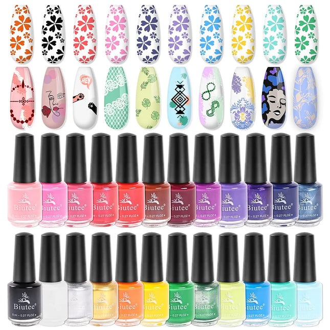 Biutee 8ml 24 Colors Nail Stamping Polish Nail Art Varnish with Peel Off Nail Latex Black White Colorful Stamp Polish Decoration