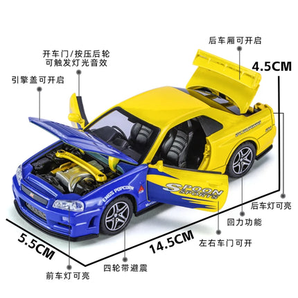 1:32 Scale GTR R34 R35 Diecast Model Alloy Toy Sport Cars Sound Light Pull Back high simulation Kid Birthday Gift Collect