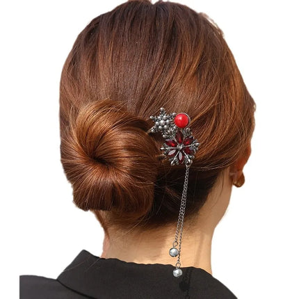 New Metal Hairpins Luxury  Women Hair Clip Pins Red Flower Hair Stick Hairstyle Design Tool Hair Accessories Gifts
