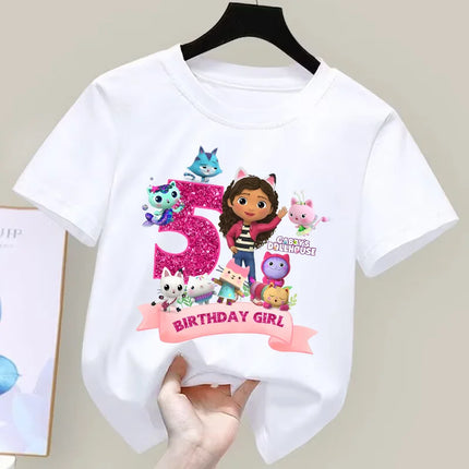 Gabby's Dollhouse Birthday Number T-shirt Girls White Pink Short Sleeve T-shirts Tops Cotton Summer Casual Party Supplies Tee