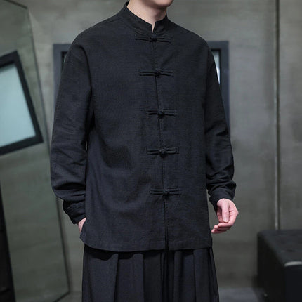 Chinese Style Men Long Sleeve Casual Shirt New 2026 Spring Vintage Mandarin Collar Loose Male Cotton Linen Tops Shirts N055