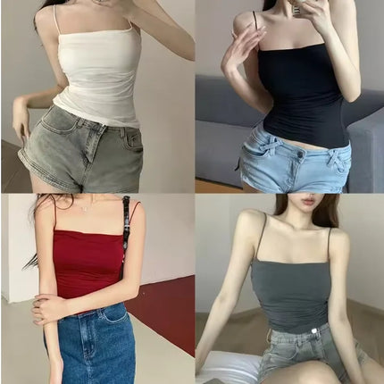 Women's Sleeveless Top Tank Underwear Fitted Camisole Sexy Short Top With Thin Straps Plain White Tank Top Korean Style