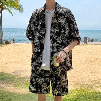 Loose Straight Leg Five-Quarter Beach Pants or Short Sleeve Printed Shirt Beach Travel Men's Fashion Floral Patterned Two-Piece Set