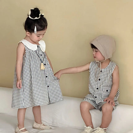RAISE 2026 Summer Children Outfit Muslin Peter Pan Collar Kids Girls Sleeveless Dress Thin Plaid Tank Top Vest+loose Shorts Suit