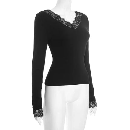 Sexy Lace Trim Long Sleeve T-shirt Solid V Neck Slim Fit Crop Top Fashion Splice Hottie Club Party Top Autumn New Lady Pullover