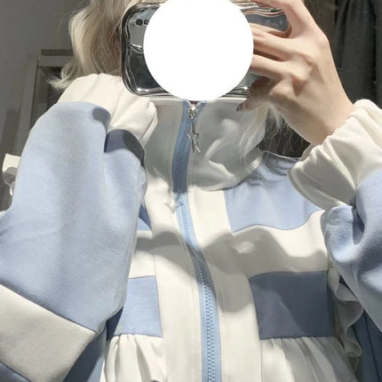 Japanese Ruffle Zip Sweatshirts Women Sweet Preppy Loose Patchwork Lolita Coats Spring Fall Cute Long Sleeve Harajuku Chic Tops