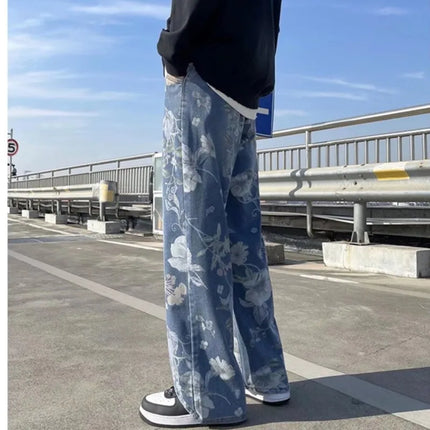 Spring Printed Jeans Korean Style Men's Floral Denim Pants High Street Loose Straight Trousers for Couples Baggy Hosen Herren