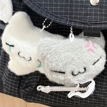 2pcs Cute Guitar Ghost Cat Couple Keychain Mini Crying Cat Doll Plush Keyring