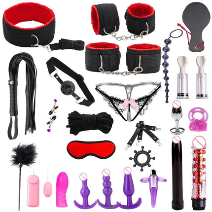 Hot Exotic Bed Bondage Set BDSM Kits Exotic Sex Toys For Women Adults Games Leather Handcuffs Whip Gag Nipple Clamps Sex Shop