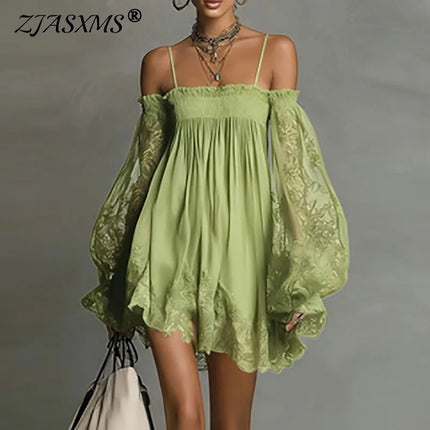 Boho Spring Off Shoulder Hollow Lace Dress Woman Elegant Puff Sleeve Ruffle Party Dresses Summer A-line Casual Holiday Mini Robe