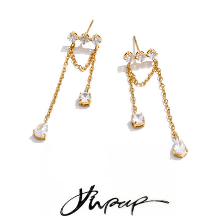 Yhpup Stainless Steel Cubic Zirconia Water Drop Tassel Chain Dangle Earrings Temperament Aesthetic Gold Color Ear Jewelry