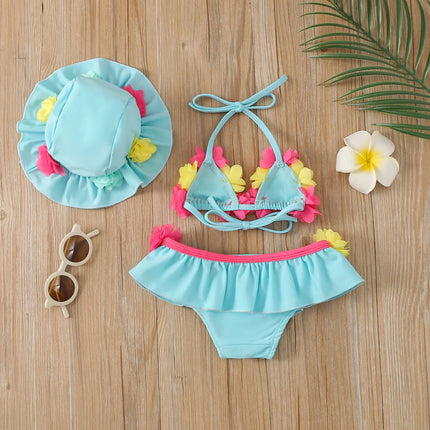 Infant Baby Girls Three-piece Bathing Suit, Flower Halter Neck Swimming Tops, Bottoms and Sun Protection Cap