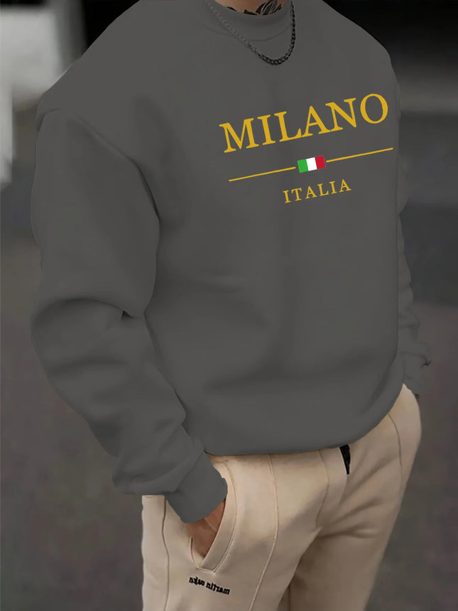 Men's Autumn and Winter Casual Loose Fashion Classic MILANO ITALIA Pattern Printed Long-Sleeved Crew Neck Sweatshirt