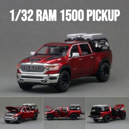 1/32 Dodge RAM 1500 Pickup Toy Car Miniature Diecast Metal Off Road Vehicle Model Pull Back Sound Light Collection Gift Boy