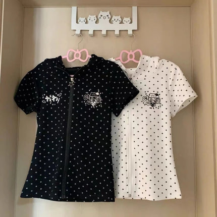 Japanese Vintage Rabbit Ears Hoodie Long Sleeve Polka Dot Print Y2k Retro Slim Zipper Patchwork Sweatshirt Women Sweet Cartoon
