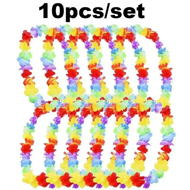 10pcs Hawaiian Flower Leis Multicolor Tropical Floral Necklace Polyester Flower Garlands For Luau Party Beach Dance Party Decor