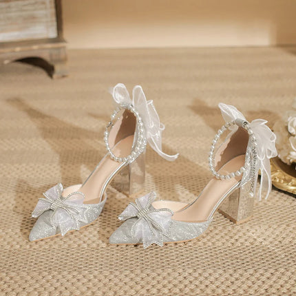 Spring Pointed Toe Party Wedding Shoes for Women, Bride Bow Thick Heel Silver Sequin Fairy Lolita Style Single Shoes