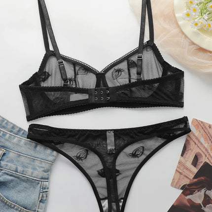 Women's Sexy Embroidered Lips Love Pattern Lace Sexy Underwear Set with Steel Rim Gathering Push Up Breathable Bra Set YS3059