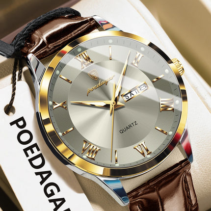 POEDAGAR Original Luxury Men's Wristwatch Leather Date Week Quartz Fashion Men Watch Waterproof Luminous Classic Watches For Men