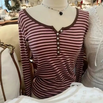 Six Buttons Ribbed Long Sleeve T-shirts Women Spring Round Neck Cotton Slim Tee Top Female Sweet Cute Pink Tshirt Y2k Tops New