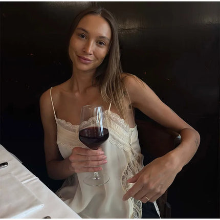 Women Lace Patchwork Sling Top Sexy V-neck Sleeveless Side Split Solid Color Vest 2025 New Summer Lady Party Vacation Tops