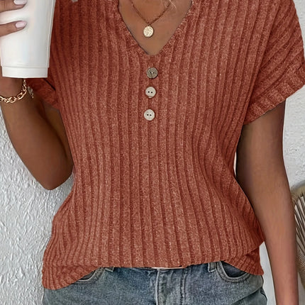 Spring/summer new solid color ribbed top V-neck button decorated elegant T-shirt ladies S-2XL