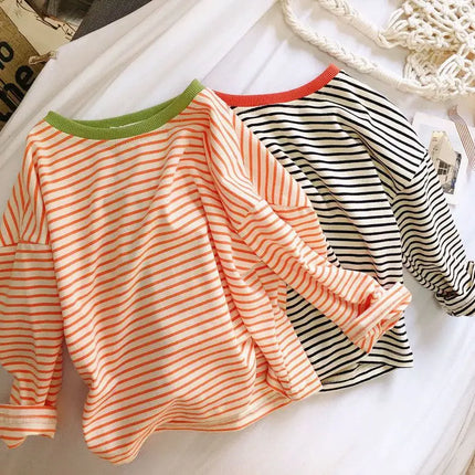 Boys and Girls Long-Sleeved T-shirt, Children's Base Layer, Spring and Autumn Pure Cotton Casual Versatile Striped Baby Top