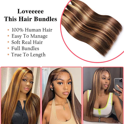 Highlight Human Hair Bundles 10A P4/27 Brazilian Raw Hair Weave Bundles Honey Blonde Straight Human Hair Bundles Hair Extensions