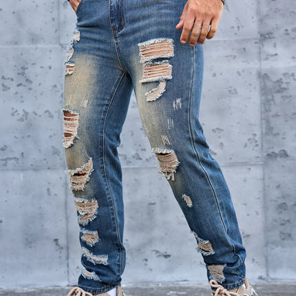 Men Denim Jeans Pants Clothing Trousers Men's Vintage Washed Ripped Straight Leg Denim Jeans