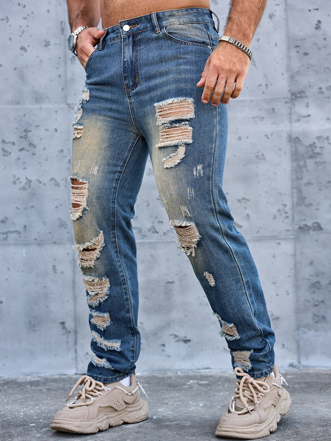 Men Denim Jeans Pants Clothing Trousers Men's Vintage Washed Ripped Straight Leg Denim Jeans