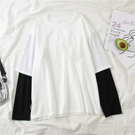 Nouveau Harajuku Noir Blanc Rayé Y2K Manches Longues Couleur Unie T-shirts Hommes Femmes Automne Faux Deux Pièces Manches Longues T-shirt Ample