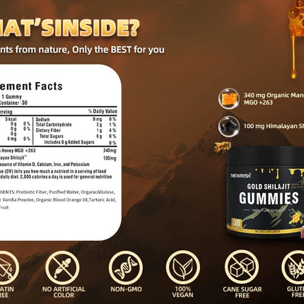 Gold Shilajit Gummies - Immune Support, Promotes Brain and Heart Health, Anti-aging, Benefits for Overall Well-being